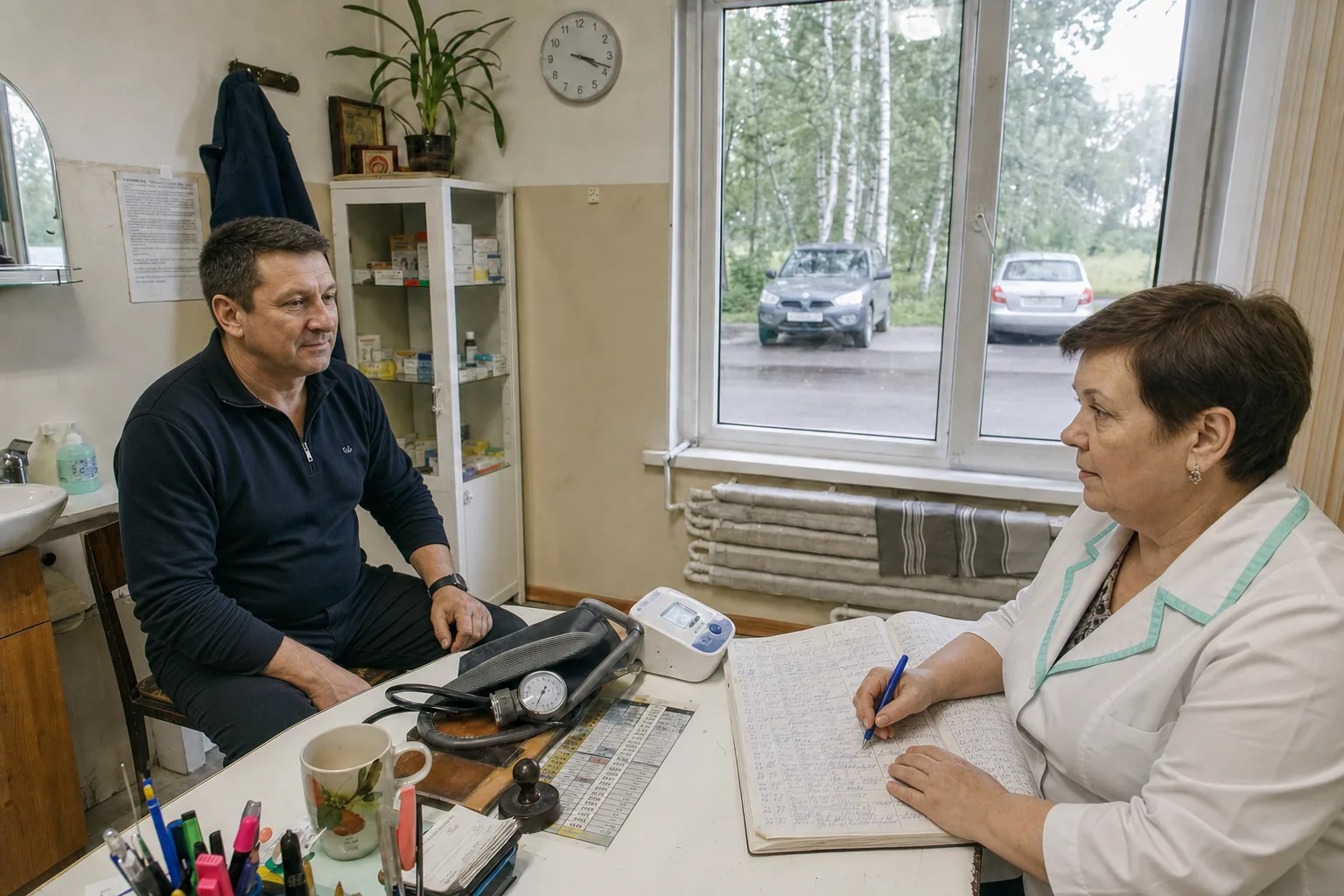 Медработник измеряет давление водителю перед предрейсовым выпуском автомобиля