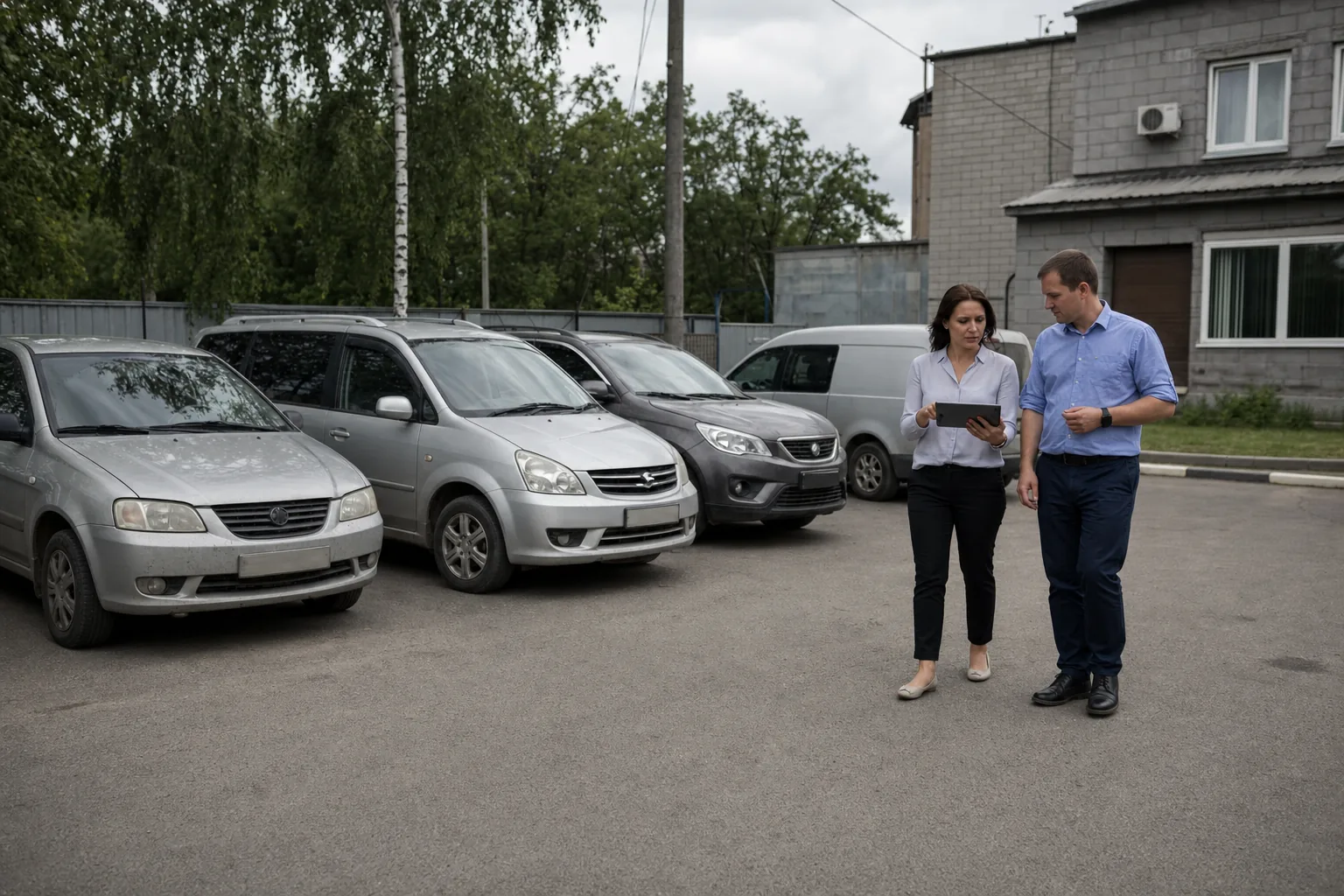 Механик и координатор осматривают корпоративный автомобиль перед выпуском