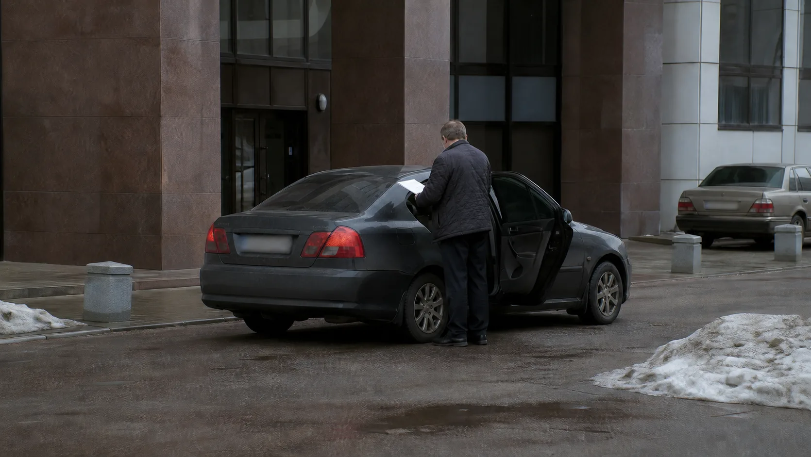 Водитель проверяет представительский автомобиль у офисного здания